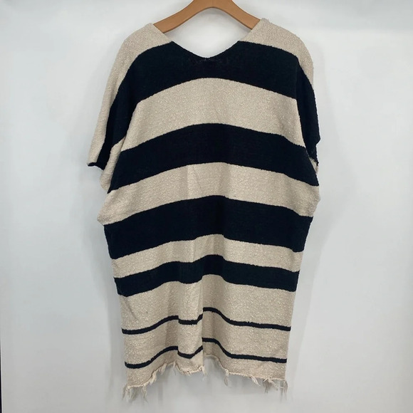 By Together Fringe Poncho Shawl Cardigan Sweater Womens M/L Cream Black Striped - Picture 5 of 7